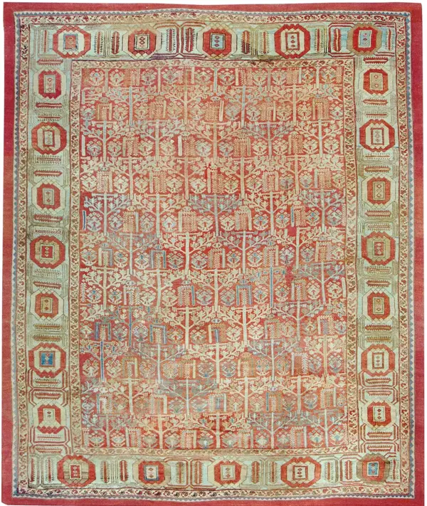 Rustic red color allover tribal geometric weeping willow design antique bakshaish rug by rugs on net