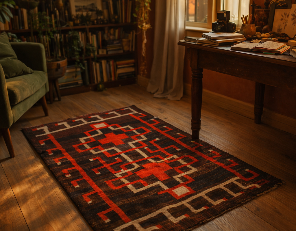 A kilim-style rug with geometric red and white patterns on a dark brown field rests on a wooden floor. By rugs on net