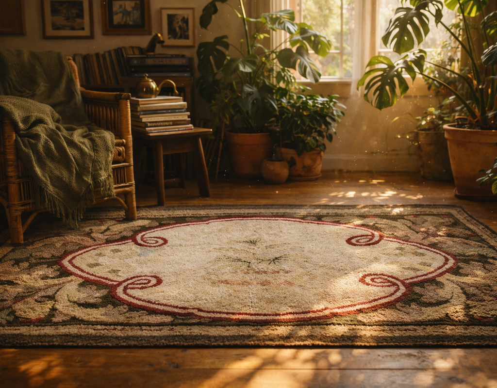 A rustic living space featuring a traditional rug with a cream center and a rattan chair, bathed in warm sunlight. By rugs on net