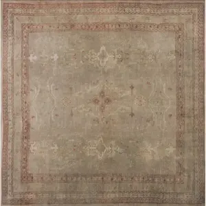 Soft Gray Color Antique Tribal Geometric Design Square Shape Turkish Oushak Rug by Rugs On Net