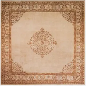 Square Shape Light Ivory Color Antique Room Size Open Field Medallion Indian Agra Carpet by Rugs On Net