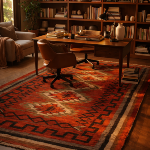 Warm home office with a rich, orange kilim rug under a wooden desk and leather chair, by rugs on net
