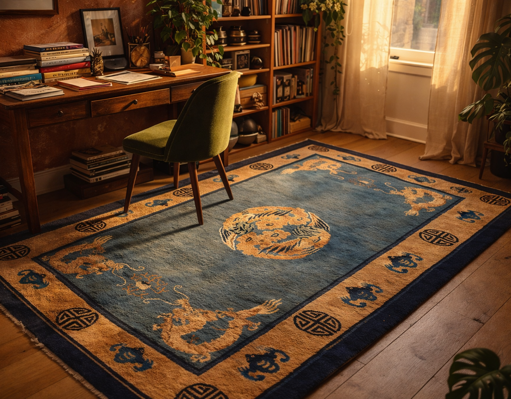 A rich blue and gold asian-style rug featuring dragons and a central yin-yang motif on a wooden floor. By rugs on net