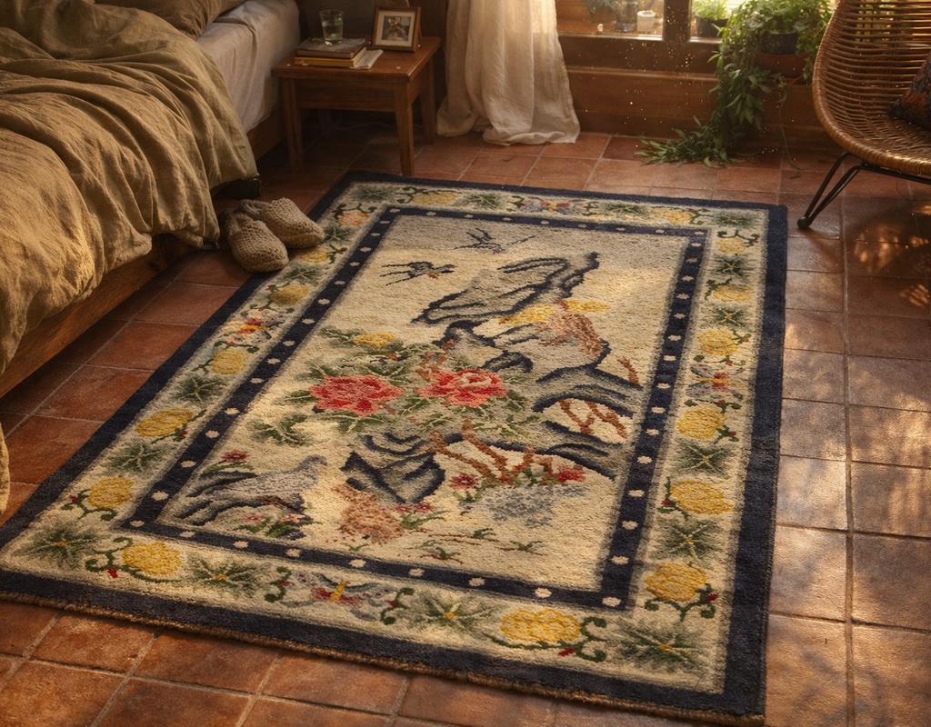 A richly patterned, oriental-style rug with birds and flowers sits on terracotta tiles next to a bed. By rugs on net