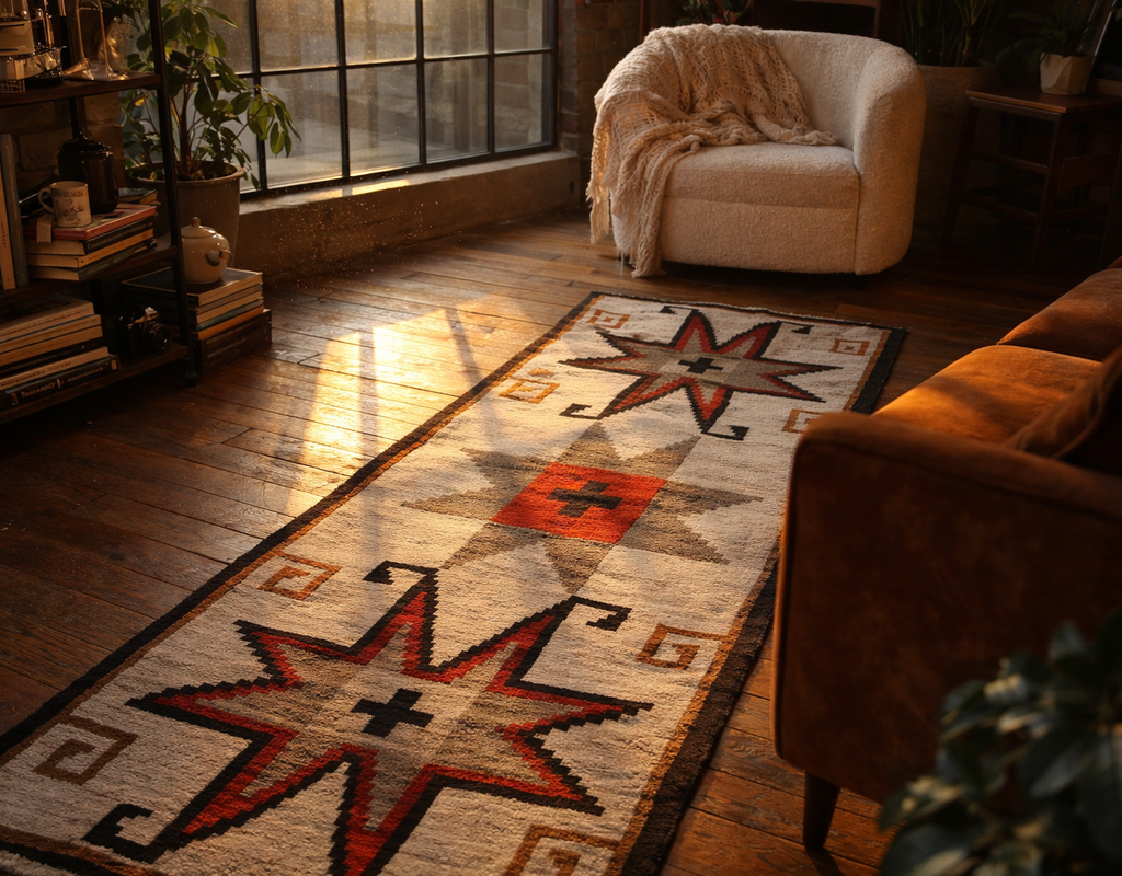 Southwestern style runner rug with star patterns on dark wood floors, illuminated by warm sunlight. By rugs on net