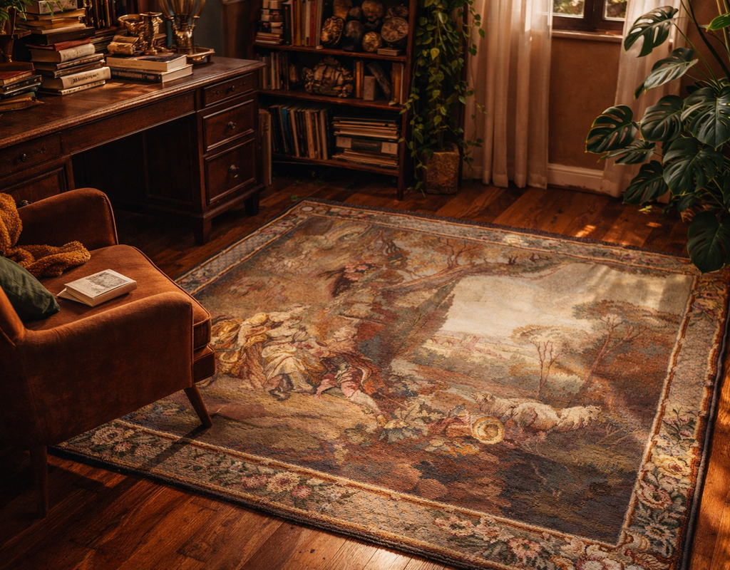 A tapestry-style rug with a pastoral scene in a richly decorated, dimly lit study. By rugs on net