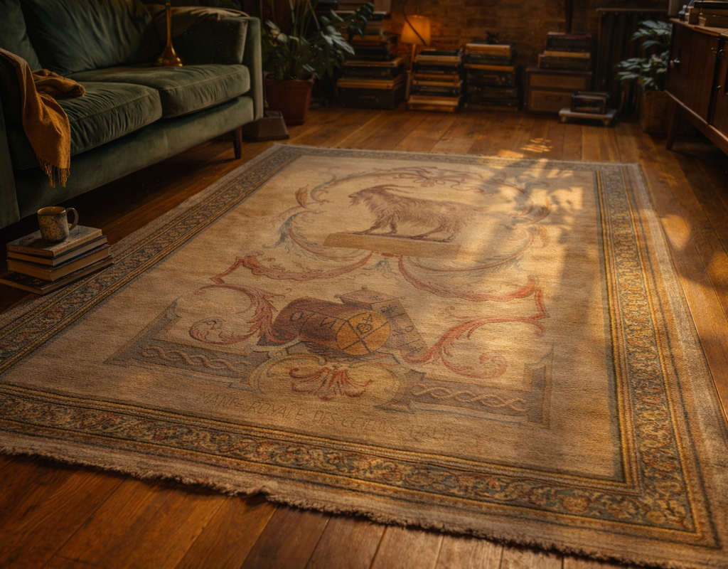 Rugs of ireland - a large, light-colored area rug with a central tapestry-like design featuring a goat, set on a warm wooden floor beside a dark green sofa. By rugs on net
