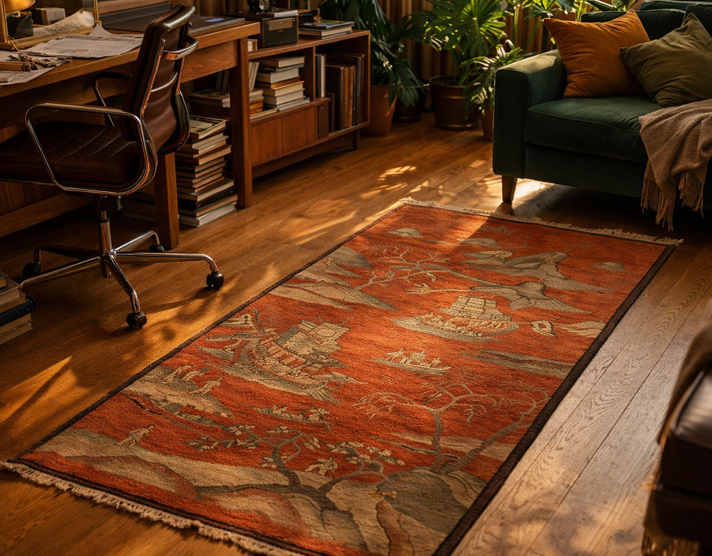 An orange runner rug with a detailed landscape design lies on a warm wood floor between a desk and a green sofa. By rugs on net