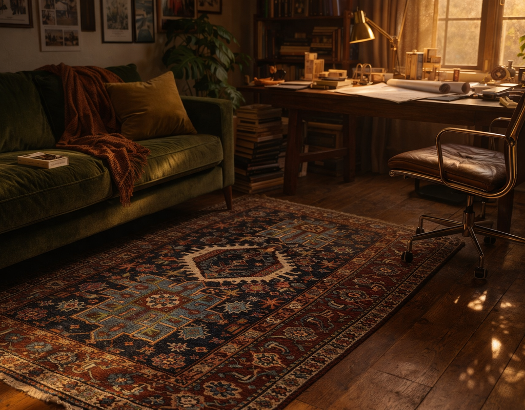 Cozy home office/living area featuring a dark green velvet sofa and an ornate, traditional area rug. By rugs on net