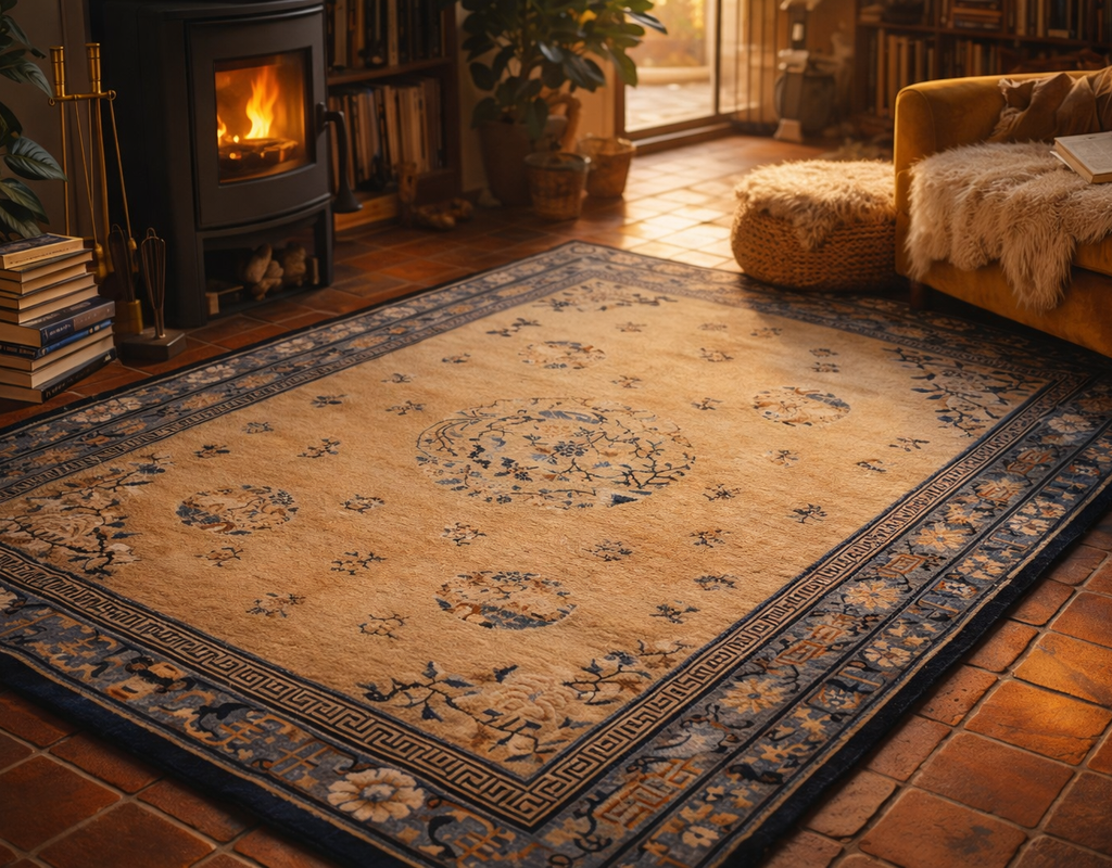 A traditional beige and blue rug anchors a cozy living space with a fireplace and mustard yellow sofa. By rugs on net