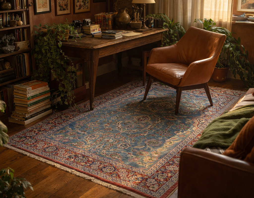A traditional blue and red oriental rug anchors a cozy, richly colored home office or study area. By rugs on net