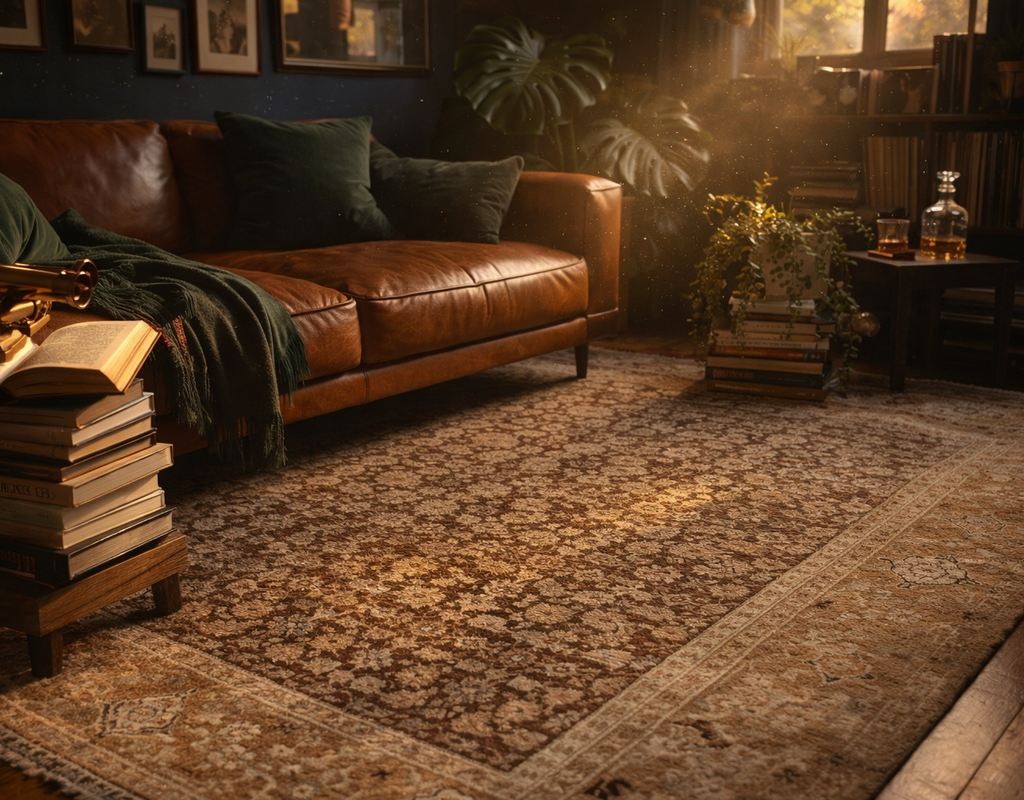 A richly detailed, traditional brown area rug anchors a cozy room with a leather sofa, bathed in warm light. By rugs on net