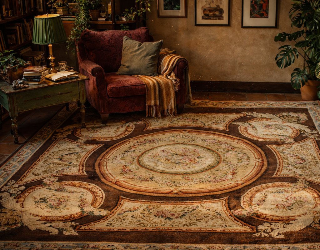 A richly detailed floral aubusson style rug anchors a cozy reading nook with a velvet armchair and antique side table. By rugs on net