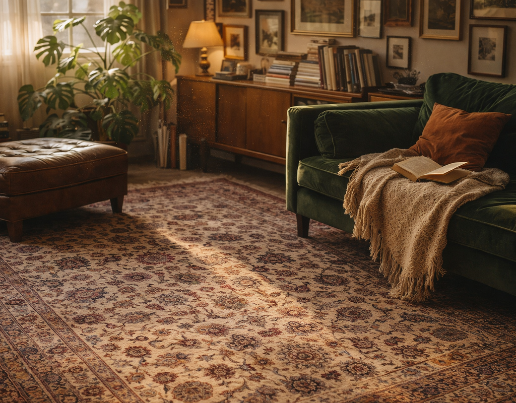 A vintage style living room with a large floral persian rug, green sofa, and brown leather ottoman. By rugs on net