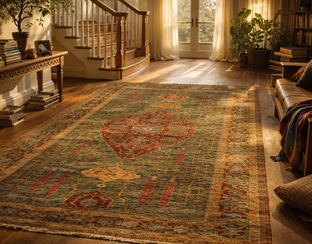 Large, richly patterned area rug in greens and reds anchoring a warm, sunlit living area with wood accents. By rugs on net