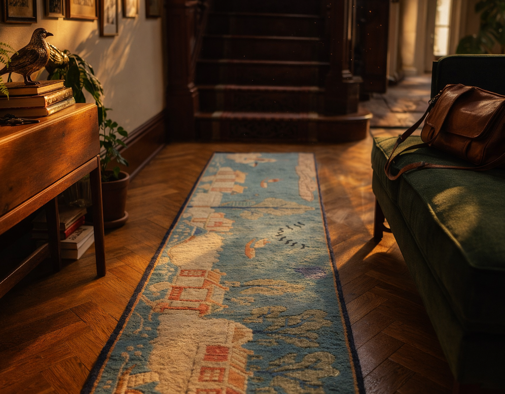 Hallway with a long blue runner rug featuring light-colored architectural designs, set against dark wood. By rugs on net