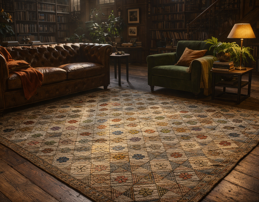 A colorful, geometric patterned rug anchors a dark, traditional library with leather seating and moody lighting. By rugs on net