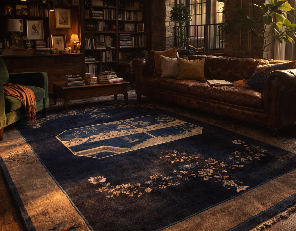 A dark blue rug with an oriental landscape medallion anchors a traditional library seating area with leather and velvet. By rugs on net