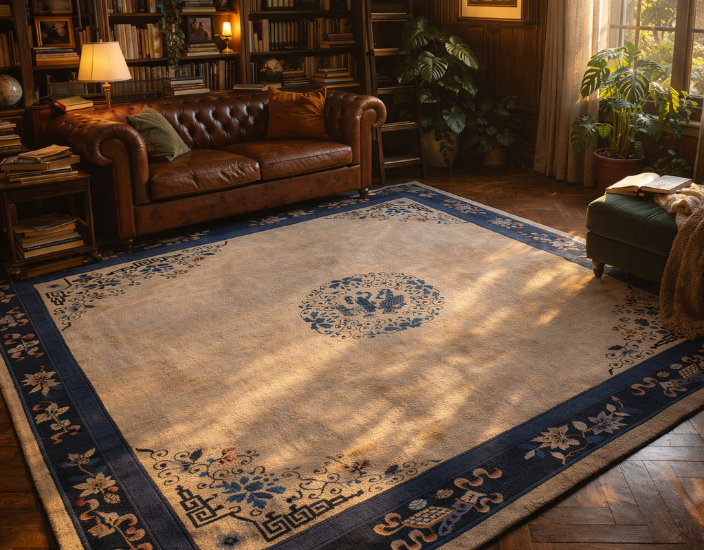A large, light-colored rug with a blue border and central medallion in a richly furnished, sunlit library. By rugs on net