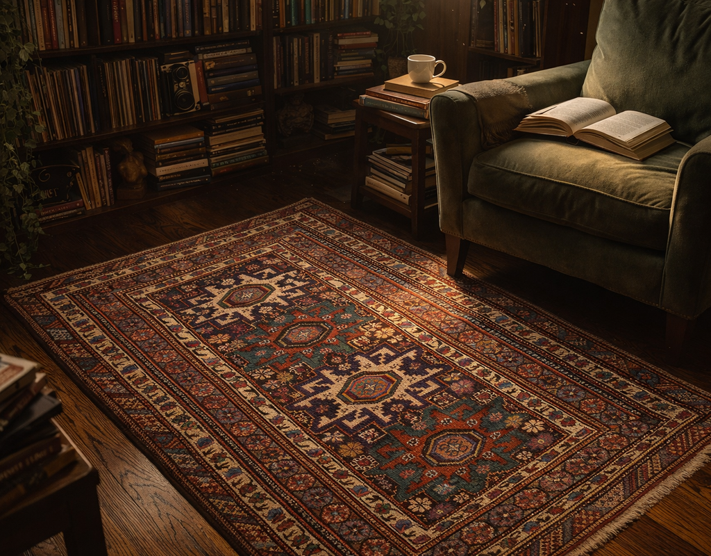 A richly patterned oriental rug anchors a cozy reading nook beside a dark green armchair and tall bookshelves. By rugs on net