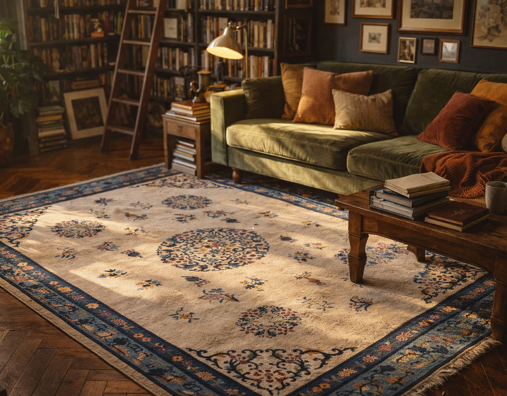 An ornate, light-colored rug with blue medallion patterns anchors a cozy living room with a green velvet sofa. By rugs on net