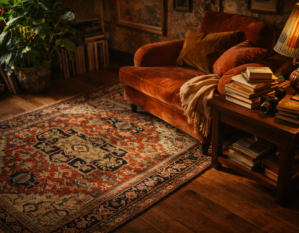 A richly colored traditional area rug anchors a cozy reading nook with a burnt orange velvet armchair. By rugs on net