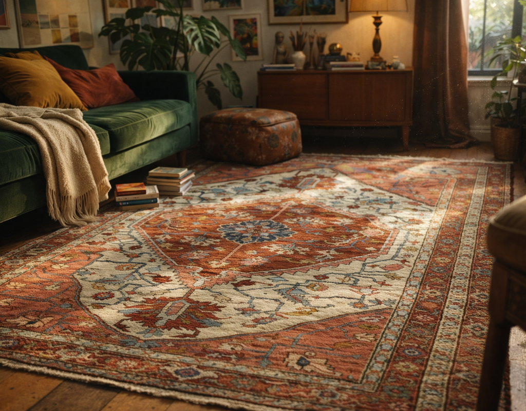 A richly colored, traditional area rug anchors a cozy living space featuring a green velvet sofa and warm, ambient lighting. By rugs on net