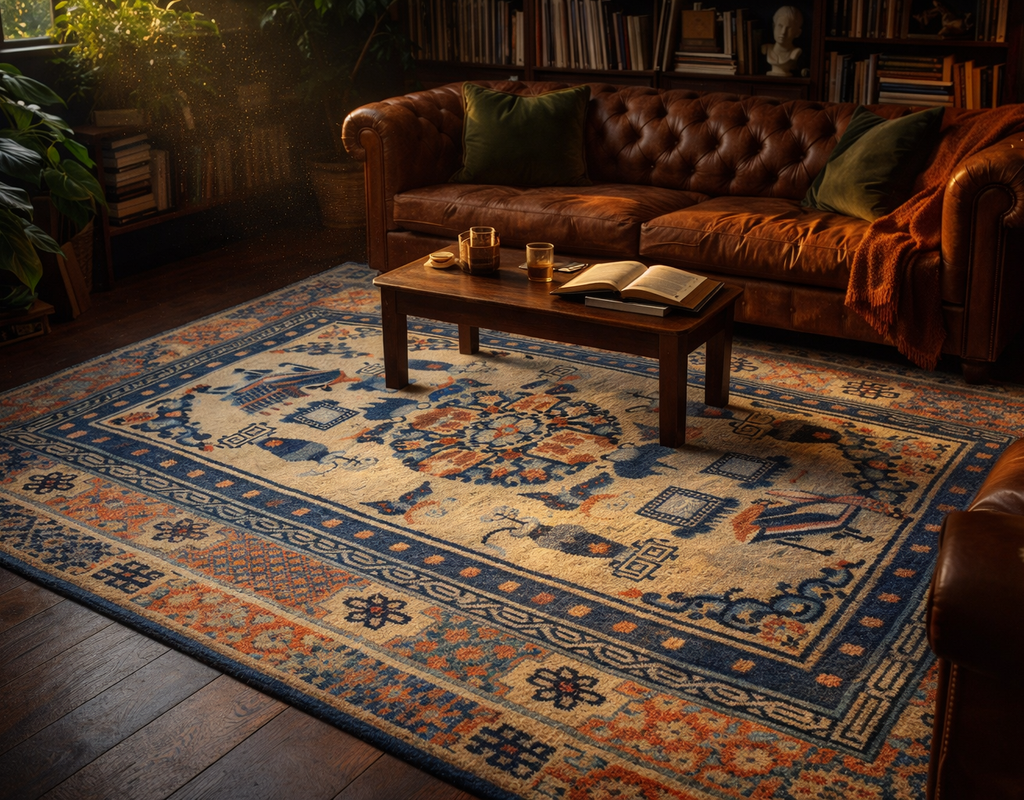 A richly patterned area rug with blue and orange motifs anchors a cozy reading nook with a leather chesterfield sofa. By rugs on net