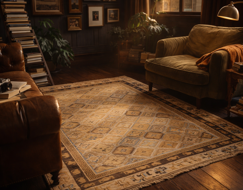 A traditional patterned rug in warm tones anchors a cozy library setting with leather and velvet armchairs. By rugs on net