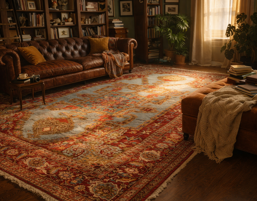 A richly detailed traditional rug in red and light blue grounds a cozy library with a tufted leather sofa. By rugs on net