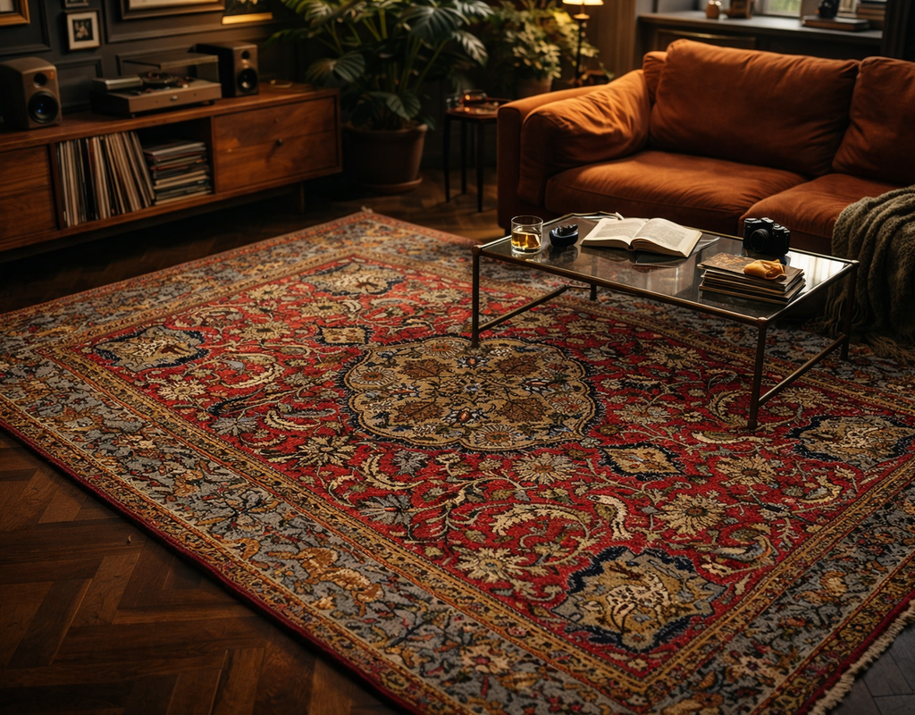 A richly patterned, deep red oriental rug anchors a cozy living space with mid-century modern furniture. By rugs on net