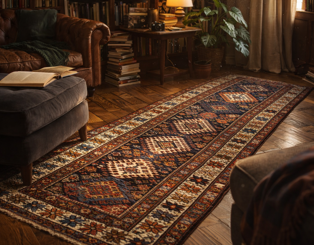 A long, richly patterned runner rug with deep blue and rust tones in a dimly lit, traditional library setting. By rugs on net