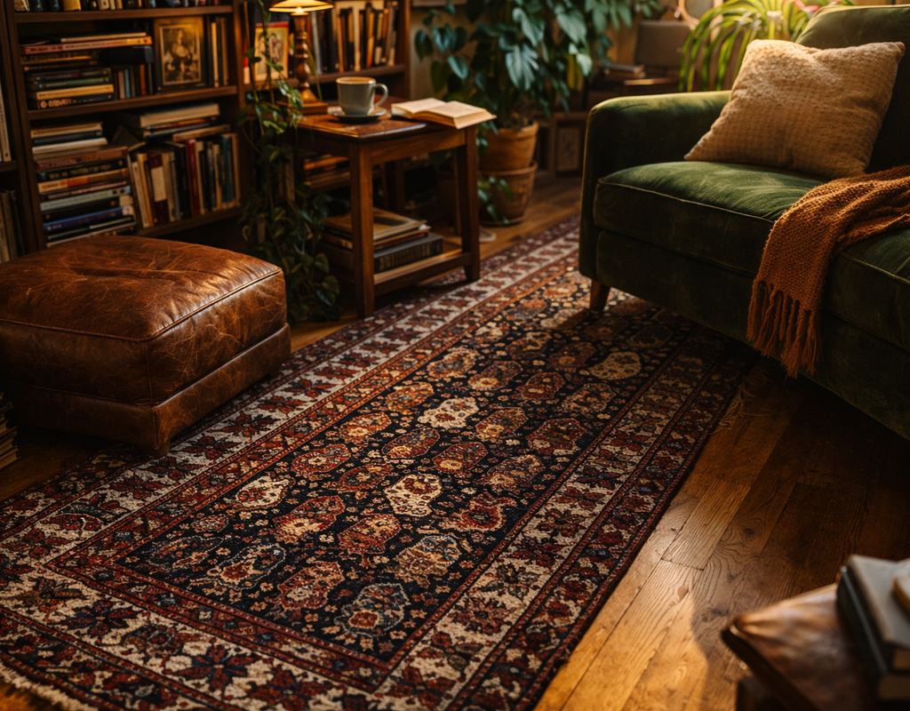 A traditional runner rug with dark blue and red patterns anchors a cozy reading nook with green velvet and leather. By rugs on net