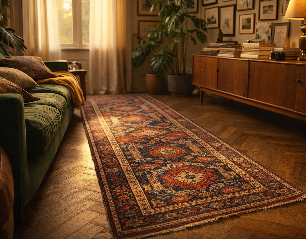 A long, richly patterned runner rug in blues and reds lies on a herringbone wood floor beside a green sofa. By rugs on net