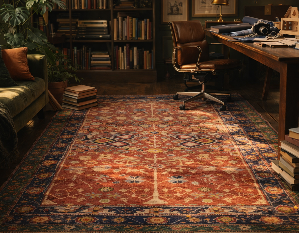 A richly colored oriental-style rug with orange and navy accents anchors a cozy, dimly lit study with a leather chair and bookcase. By rugs on net