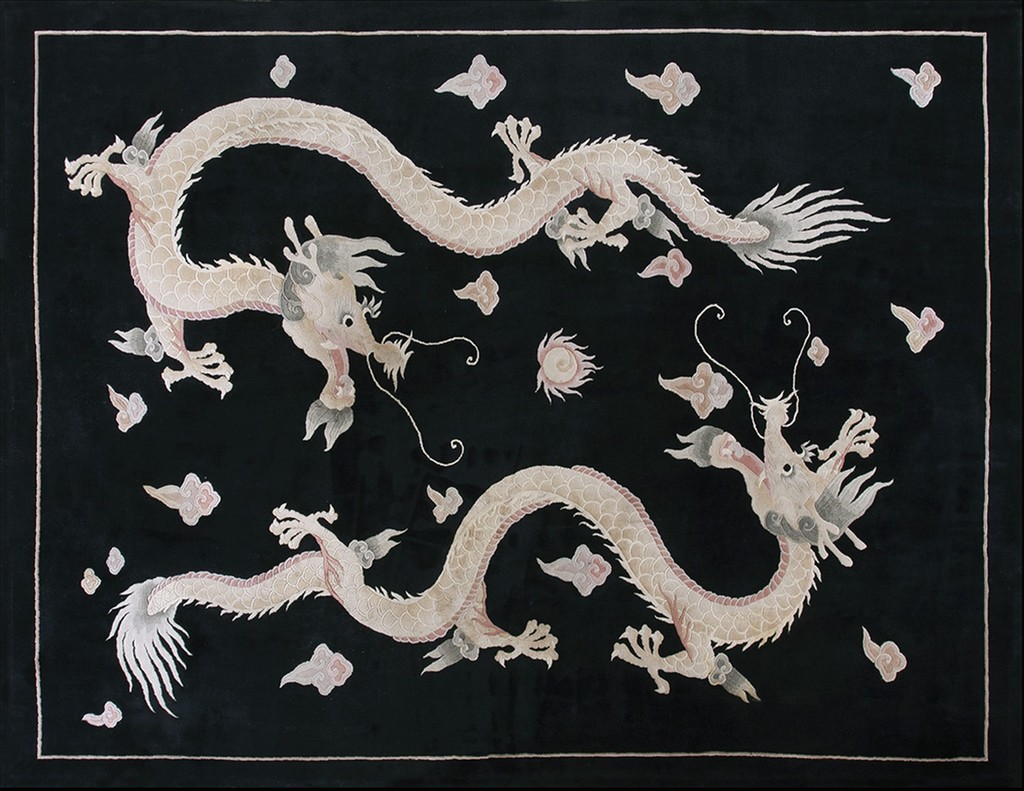 A vertically oriented rug with a solid black background featuring two large, curving, pale ivory and light pink five-claw chinese dragons and scattered small clouds, bordered by a thin light line, by rugs on net.