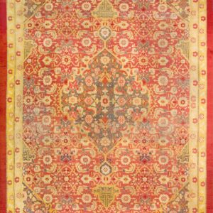 Rustic Coral Color Tribal Geometric Herati Pattern Antique Indian Amritsar Carpet