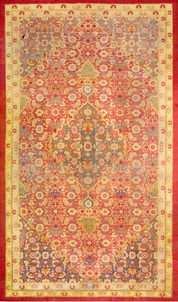 Rustic coral color tribal geometric herati pattern antique indian amritsar carpet