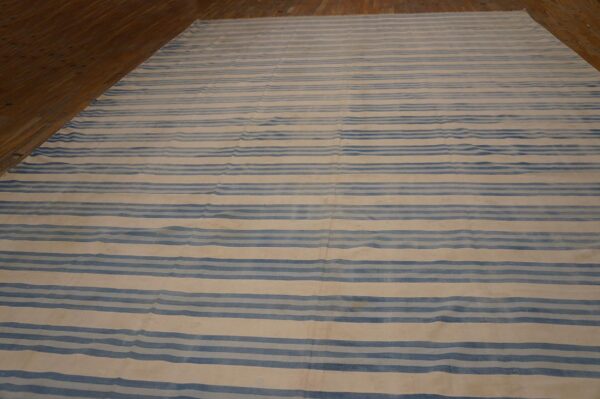 Large size antique cotton white and blue stripes flatweave indian dhurrie rug - image 5