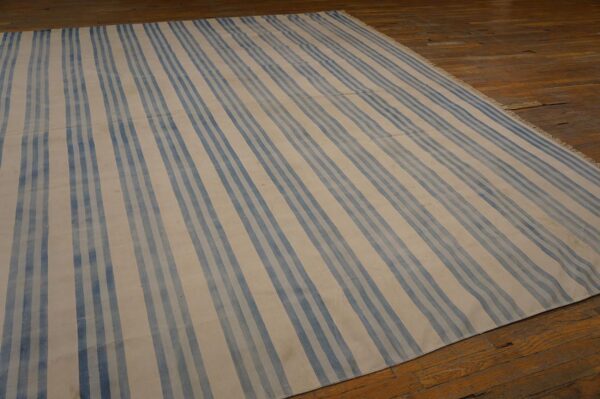 Large size antique cotton white and blue stripes flatweave indian dhurrie rug - image 7