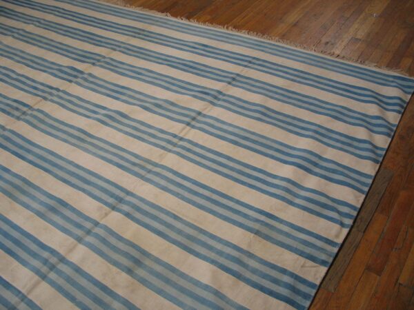 Large size antique cotton white and blue stripes flatweave indian dhurrie rug - image 2