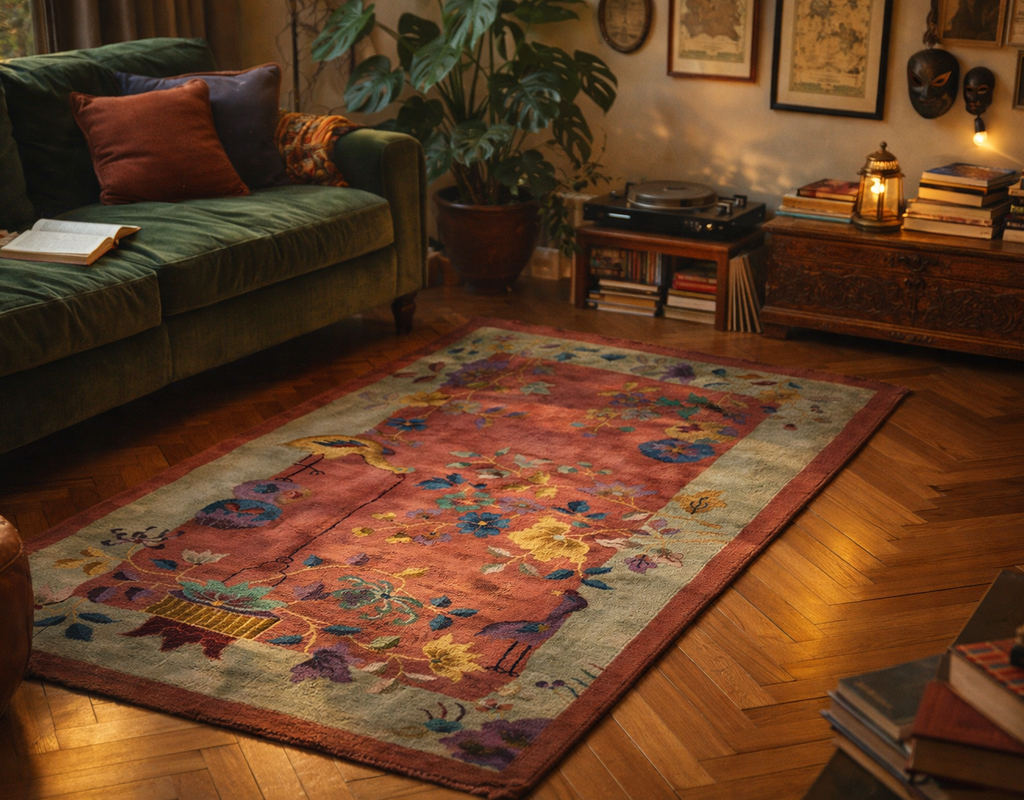 Cozy living room with emerald green sofa, herringbone wood floor, and a vibrant antique asian-style rug. By rugs on net