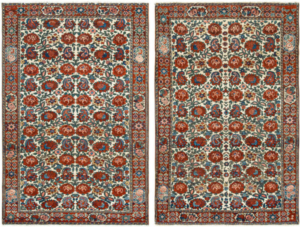 Small size ivory color antique floral paisley motif persian bakhtiari rug pair