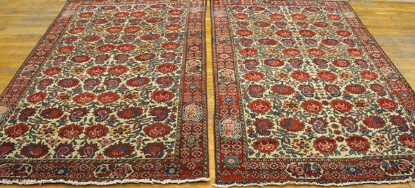 Small size ivory color antique floral paisley motif persian bakhtiari rug pair - image 9