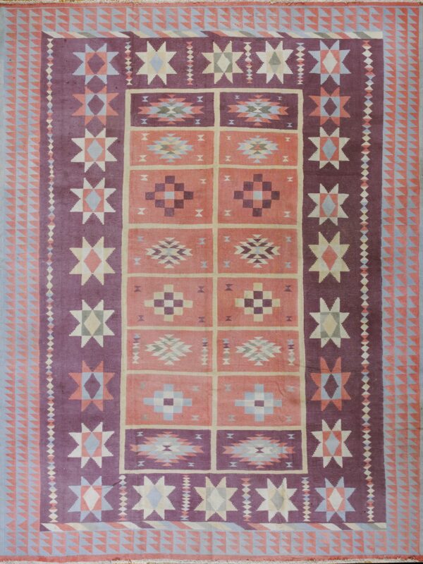 Vintage mid century modern geometric indian flatweave cotton dhurrie rug