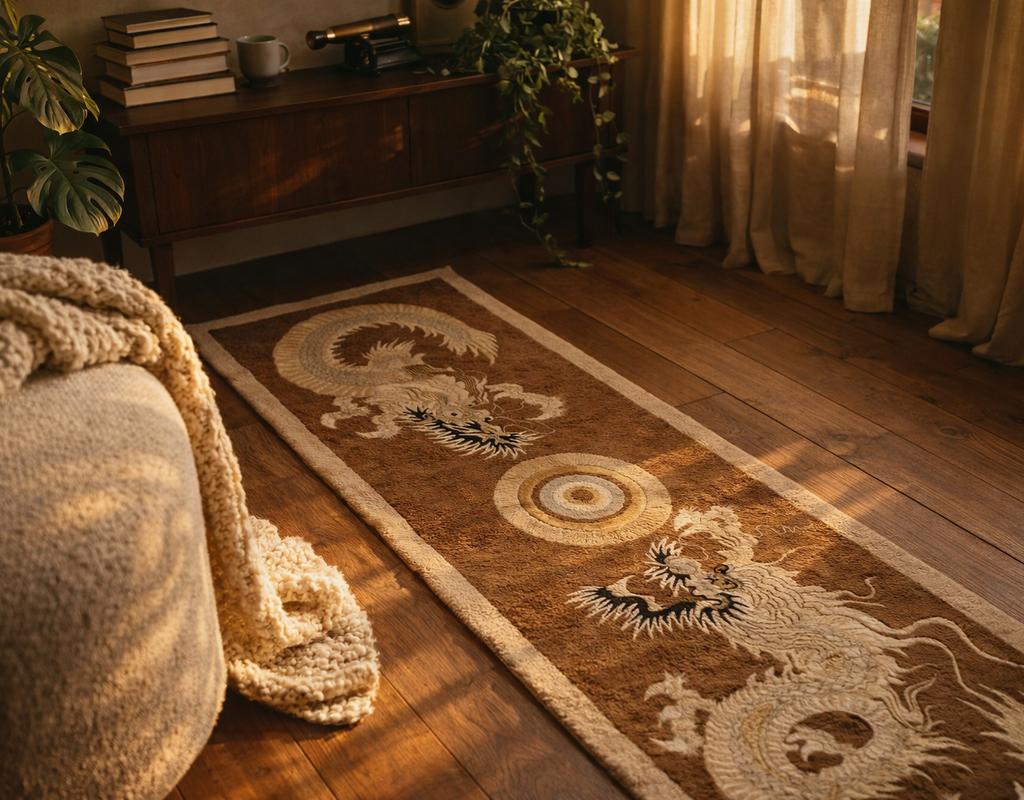 A long brown runner rug featuring an ornate cream and white chinese dragon design on a hardwood floor. By rugs on net