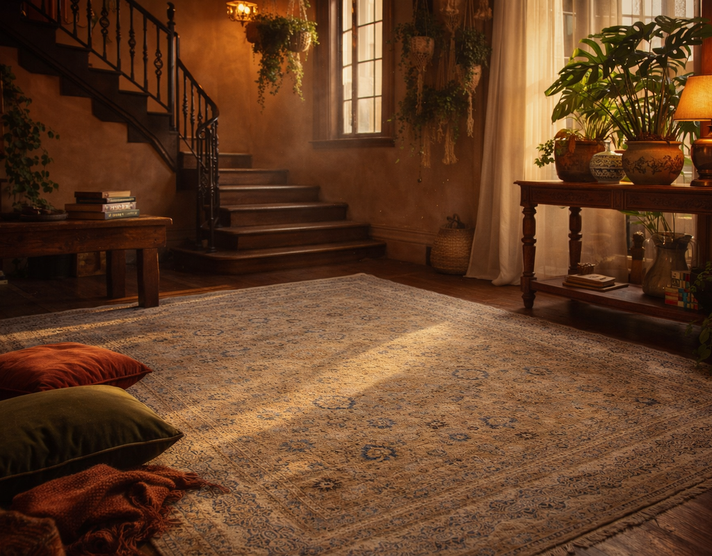 Warmly lit entryway with dark wood stairs, many hanging plants, and a large, faded traditional rug. By rugs on net
