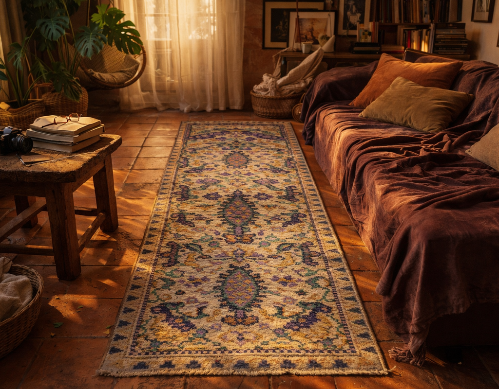 A long, distressed runner rug with purple and yellow patterns sits on terracotta tiles in a warmly lit, bohemian living area. By rugs on net