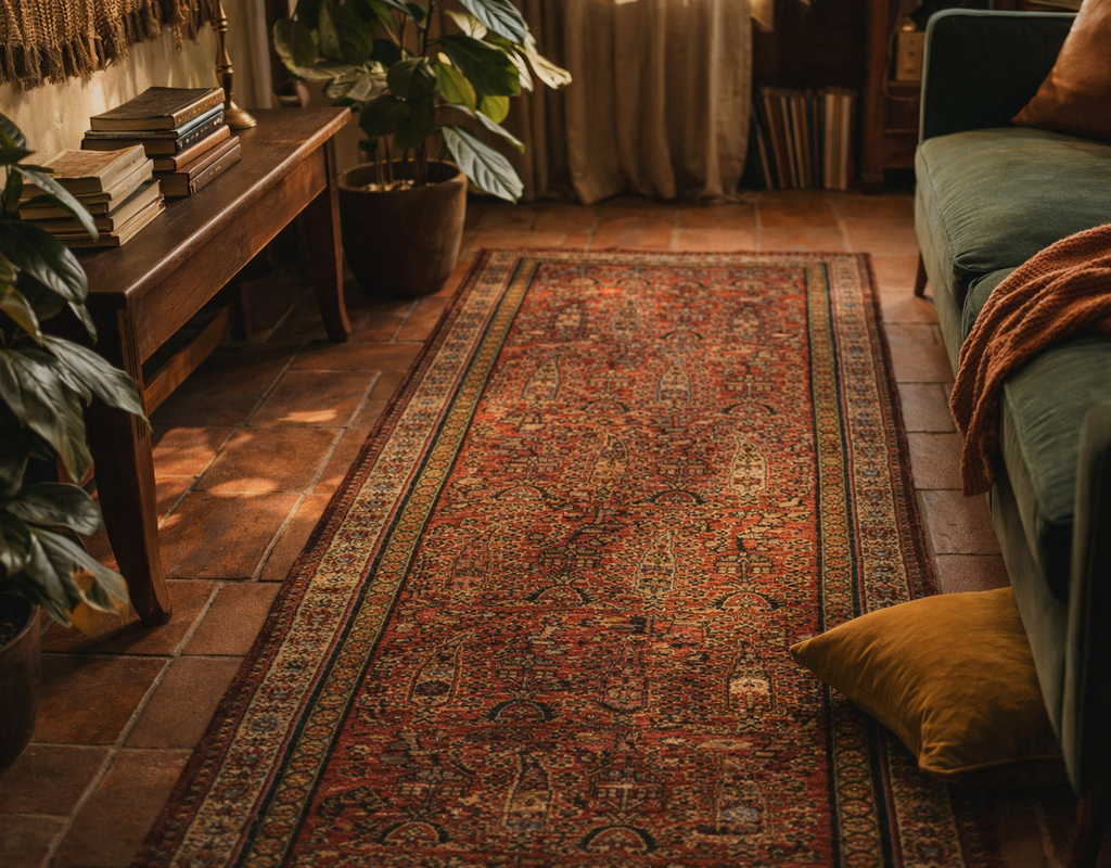 A long, richly patterned runner rug in shades of red and rust anchors a cozy living area with terracotta floors and green velvet. By rugs on net