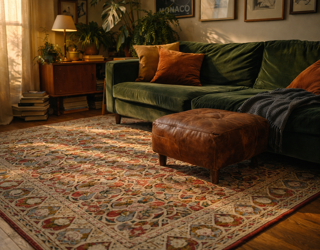A richly patterned, traditional area rug anchors a cozy living space with a green velvet sofa and leather ottoman. By rugs on net